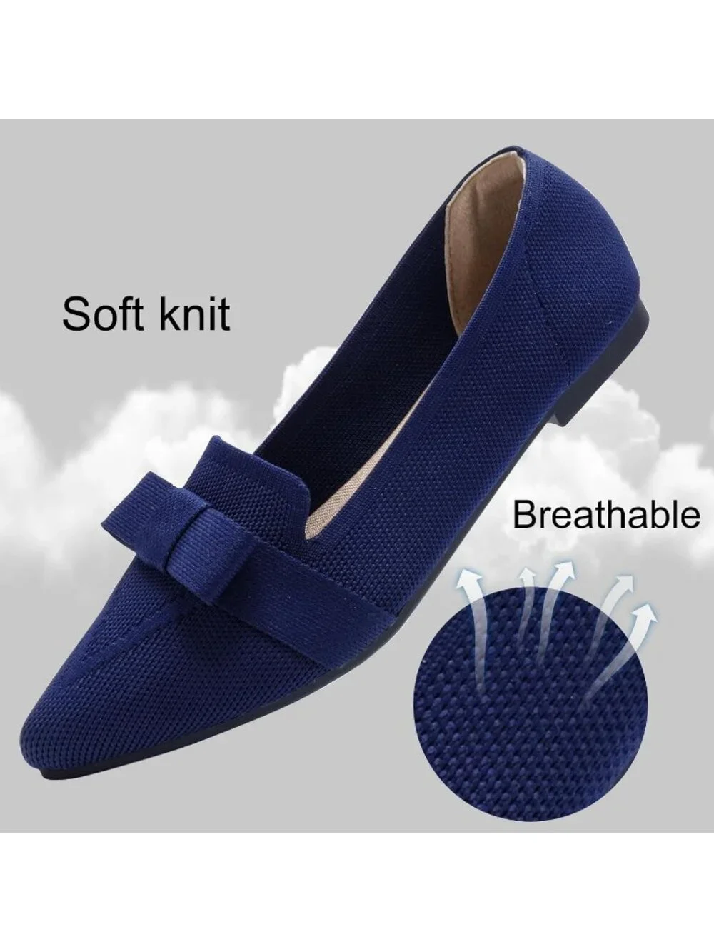 Women's Navy Rubber Soft Knit Breathable Pointed Toe Ballet Flats Casual Shoes